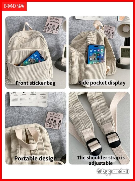 Corduroy Mini Backpack - Small Cute Aesthetic Bookbag for Women